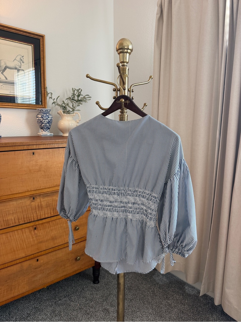 Striped Smocked-Peplum Blouse in Blue and White